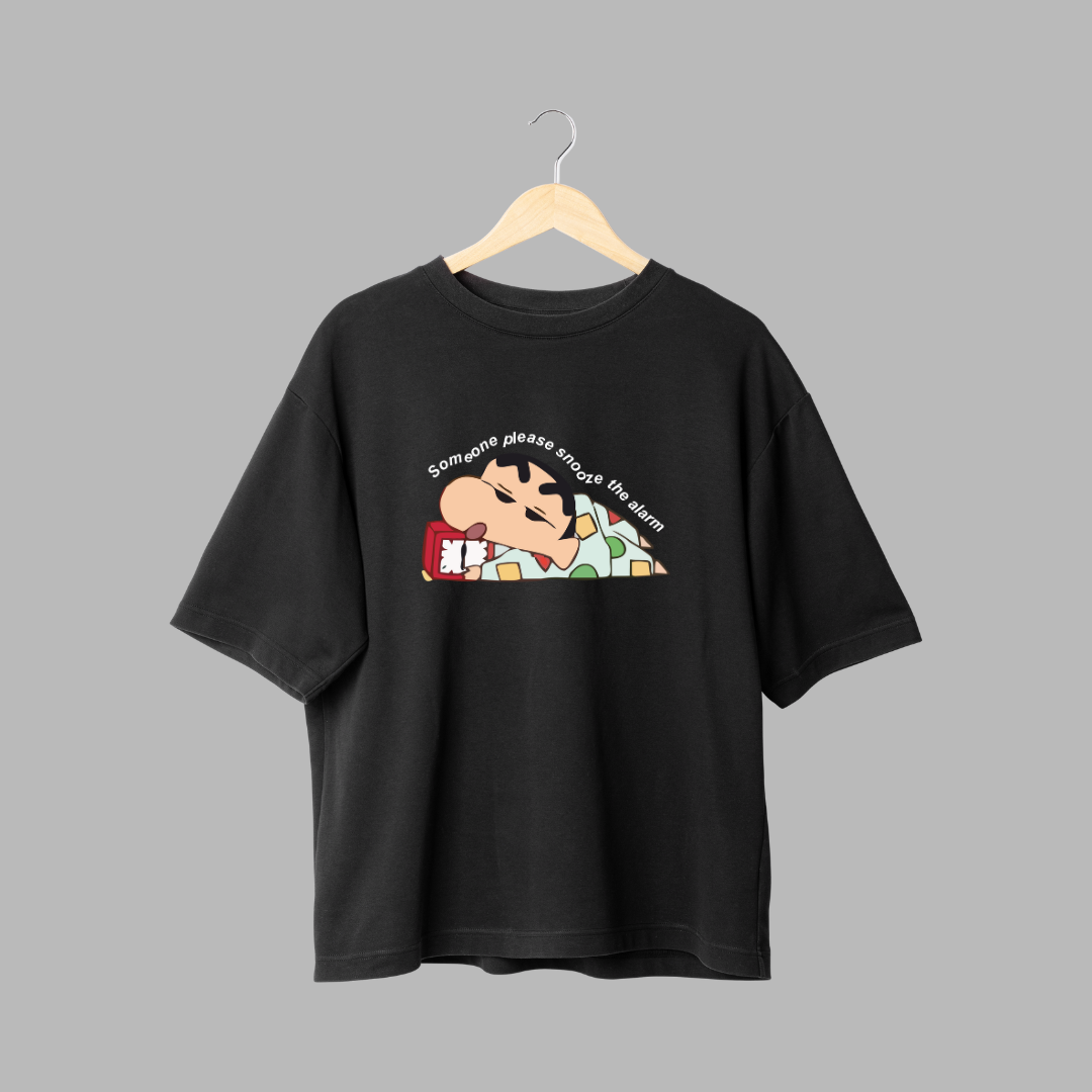 Someone Please Snooze the Alarm Shinchan Printed Black T-Shirt