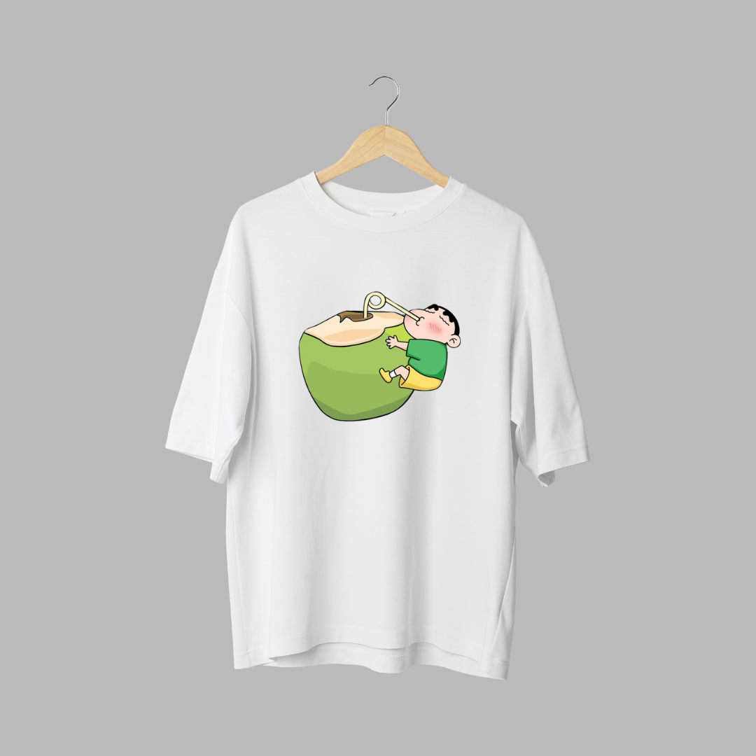 Shinchan Enjoying Cococnut Water White T-Shirt