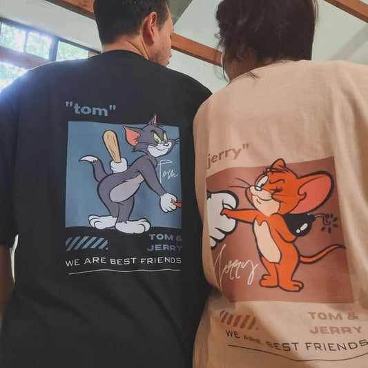 2 Pack : Tom & Jerry Shaking Hands Oversized Couple Tshirt