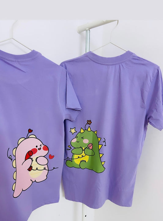2 Pack : Cute Dino Blushing & Talking on Phone Lilac T-Shirt