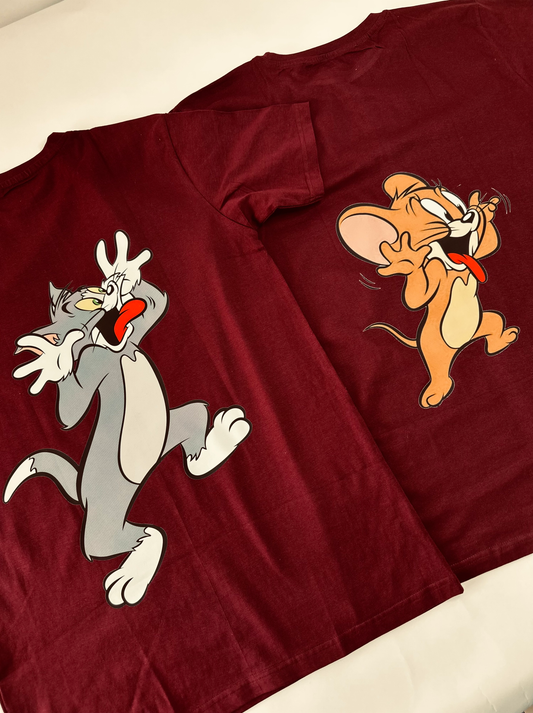 2 Pack : Tom & Jerry Mocking Maroon Couple T-Shirt