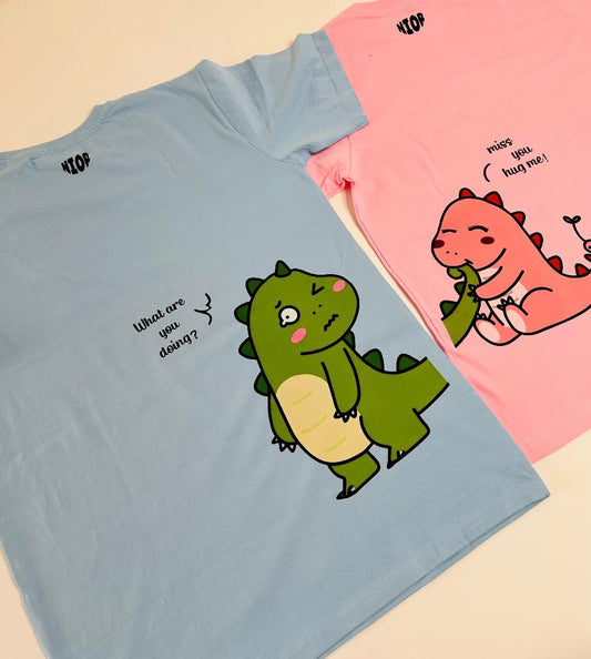 2 Pack : Green Cranky Dino and Pink Blushing Dino Couple T-shirt