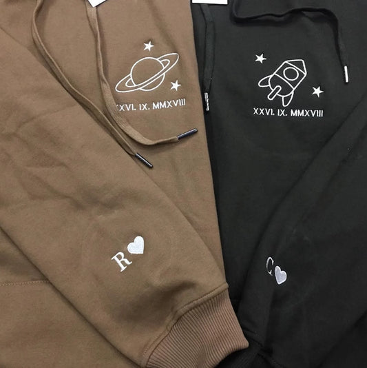 2 Pack : Rocket & Saturn Custom Date & Initial Embroidered Couple Hoodies